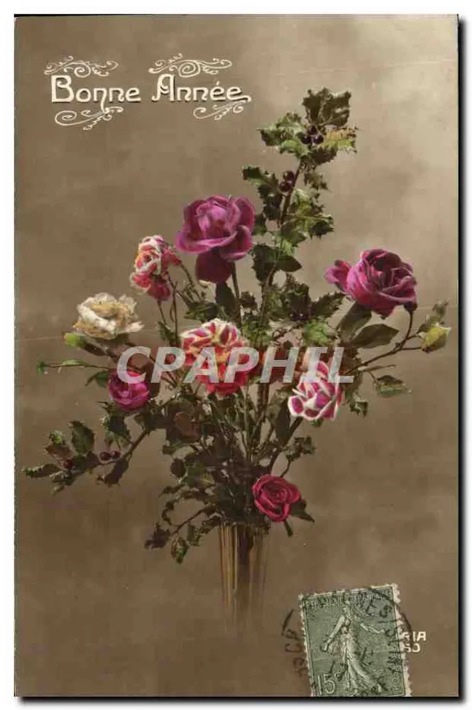 Arranjo de rosas e hortência — Boa Ano — editor desconhecido - Frente