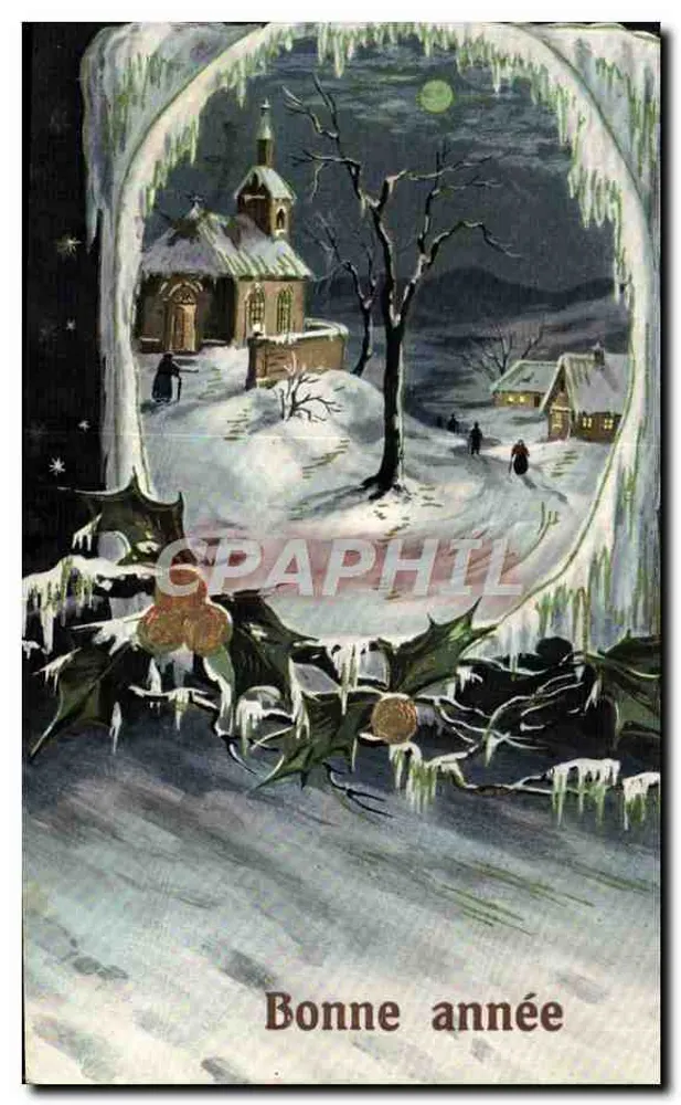 Schneebesiedlung unter dem Mond — Nachtszene mit Kirche und Häusern — Verlag 'Made in Austria' Nr. 4697 - Vorderseite