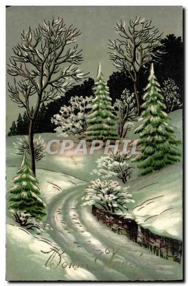 Winterlandschaft — schneedeckter Weg zwischen Bäumen — anonymer Verlag, Nummer 6404 - Vorderseite