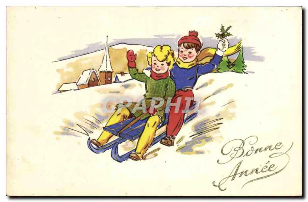 Kinder auf Schlitten — Winterlandschaft mit Kirche — Frohe Weihnachten - Vorderseite
