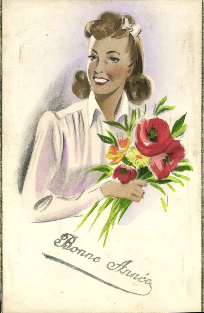 Lächelnde Frau mit Blumenstrauß — Frohes Neues Jahr — n°578 - Vorderseite