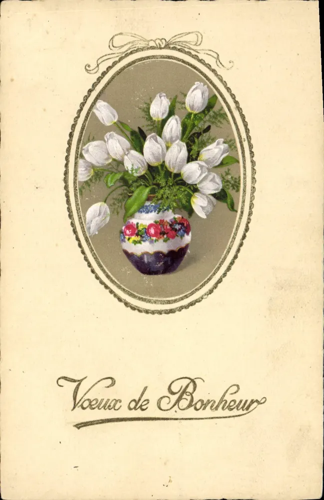 Arranjo de tulipas brancas — Vœux de Bonheur — Editor não identificado, número de série não visível - Frente