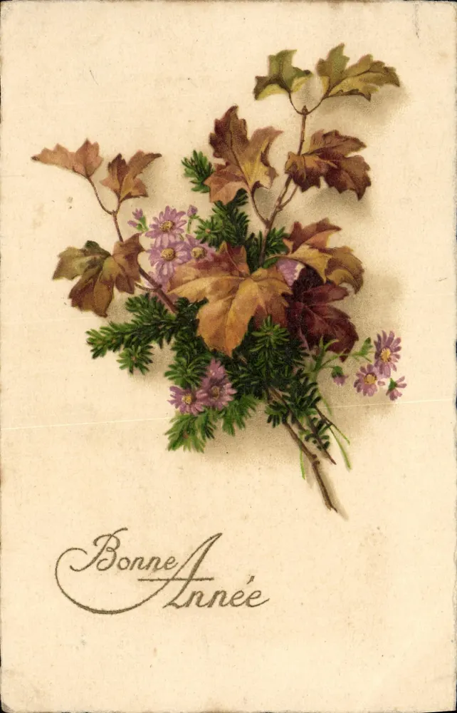 Bouquet d'automne — Asters, feuilles d'érable et branches de sapin — éditeur non visible - Frente