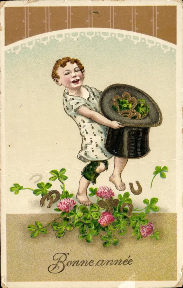Enfant tenant un chapeau rempli de trèfles — Bonne année — éditeur non visible - Vorderseite