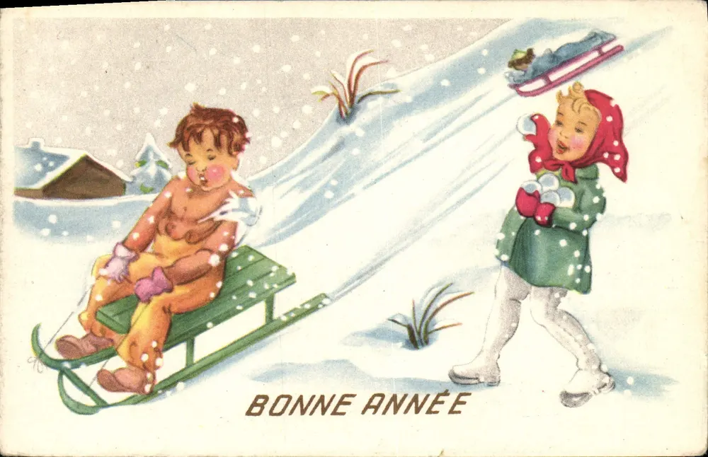 Kinder beim Schneefall — Frohe Weihnachten — Verlag nicht sichtbar - Vorderseite