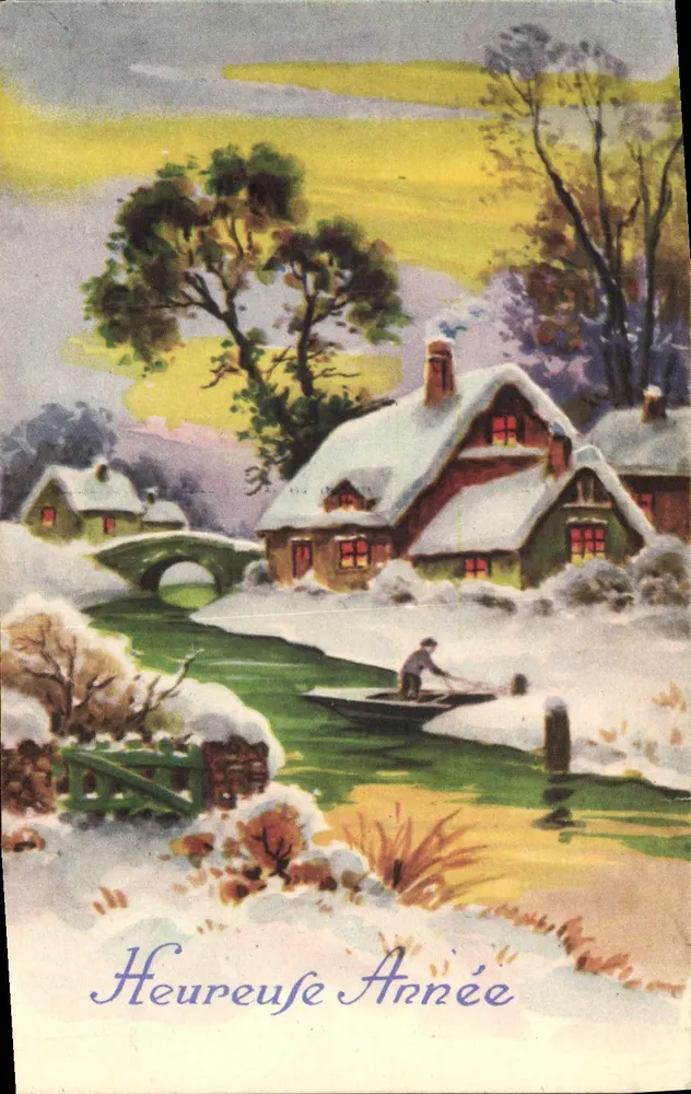 Winterlandschaft — verschneuter Dorf mit Mann in einem Boot — Éditions Chromophote, Lyon - Vorderseite