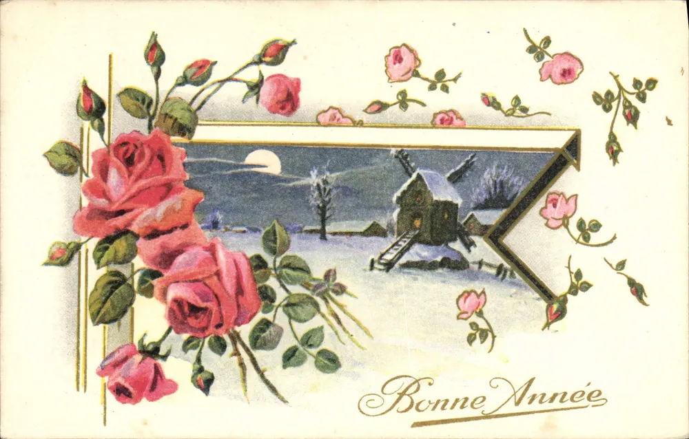 Winterlandschaft mit Windmühle — Frohes Neues Jahr — La Rose - Vorderseite