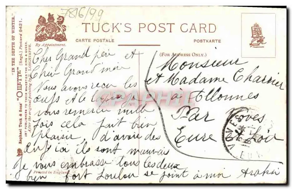 Winterlandschaft — Ochsenkarren und Esel — Tuck's Post Card n°9421 - Rückseite