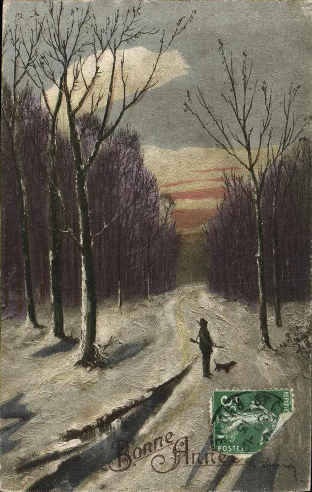 Schneestrassenzug zum Abendrot — Frohe Neujahr — Verlag Stiringy, Serie 2852 - Vorderseite