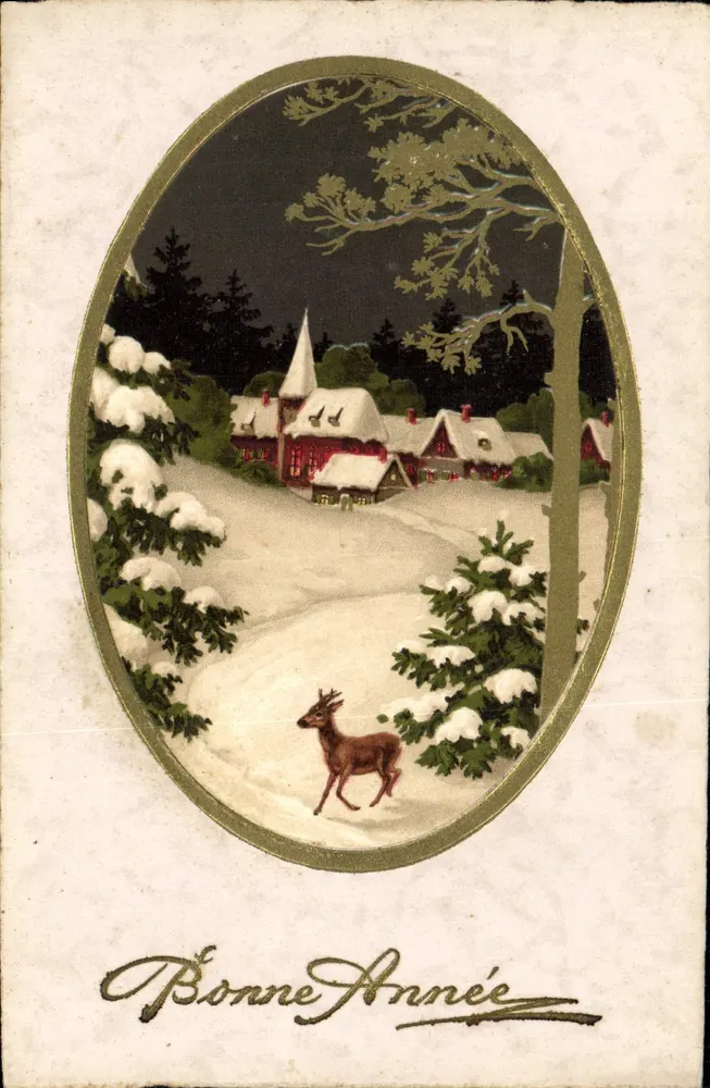 Schneeviertel — Nachtszene mit Hirsch — 'Frohe Weihnachten' in Handschrift - Vorderseite