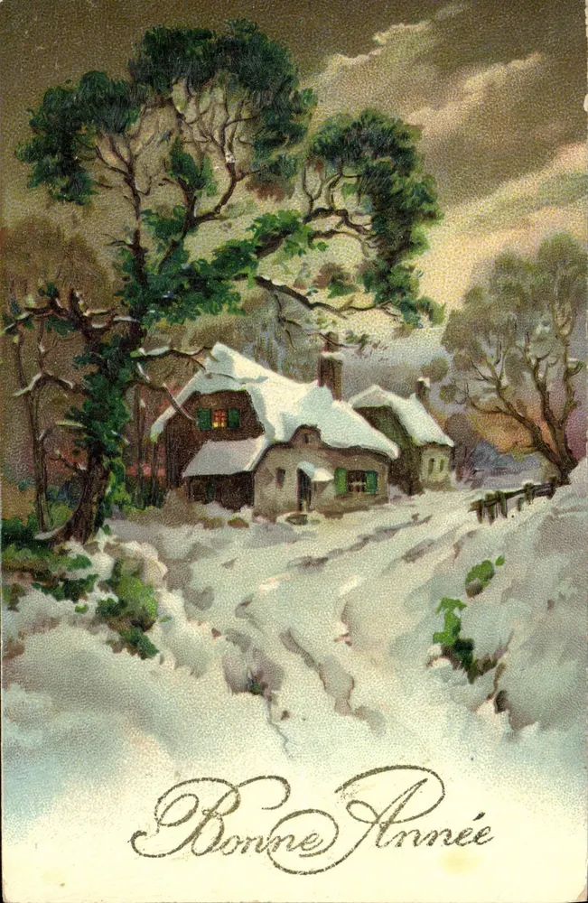 Schneebesetzter Schloss — Frohes Neues Jahr — J. Import - Vorderseite