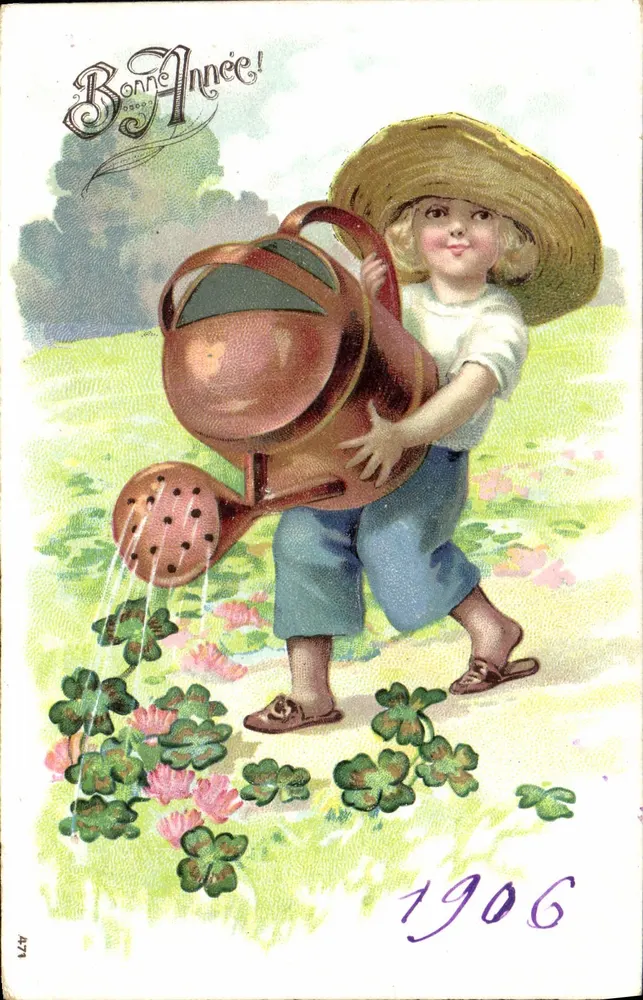 Kind, das Kleeblätter gießt — Frohe Neujahr 1906 — unbekannter Verleger, Nr. 477 - Vorderseite