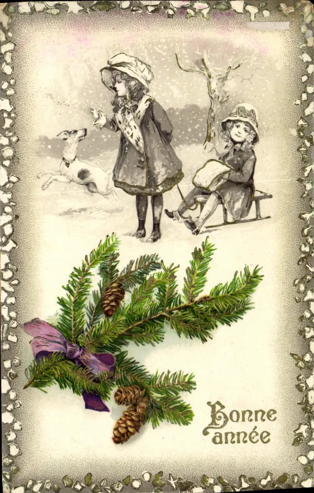 Zwei verschneite Kinder mit Hund — Winterlandschaft — unbekannter Verlag - Vorderseite