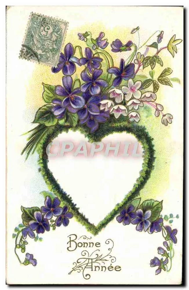 Gutes Neues Jahr — violette und weiße Blumen in einem Herzen — J.C. Paris 505 - Vorderseite