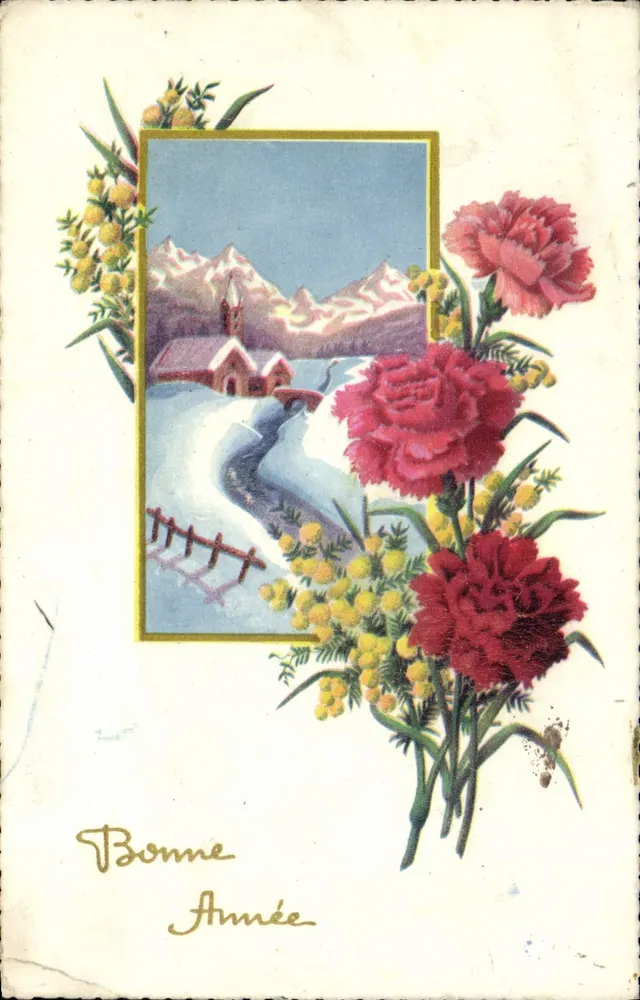 Castelo nevado — montanhas alpinas — carta de boas-vindas com flores de carthame e mimosa - Frente