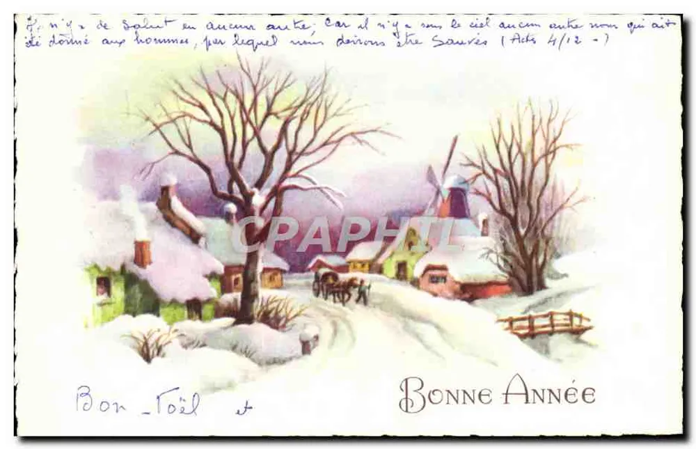 Schneeviertel — Winterlandschaft mit Mühle — biblischer Text und Neujahrsgrüße - Vorderseite