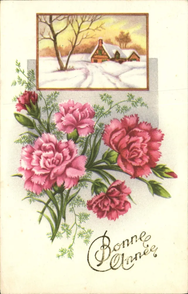 Bouquet de pâquerettes — scène hivernale avec maison enneigée — éditeur non visible - Frente