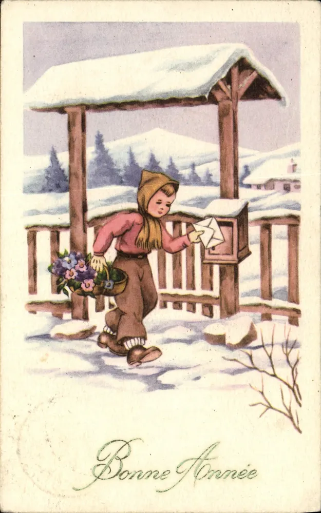Kind, das einen Brief in die Briefkasten wirft — Winterlandschaft — Verlag nicht sichtbar - Vorderseite