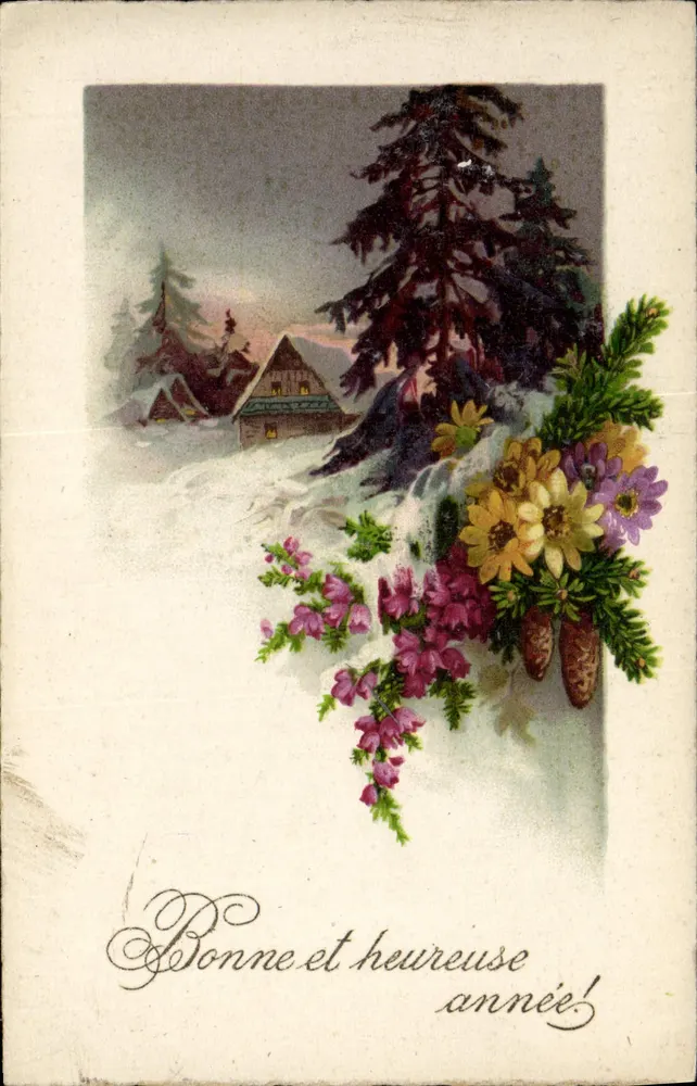 Cena invernal com chalé — buquê de flores — editor não identificado - Frente