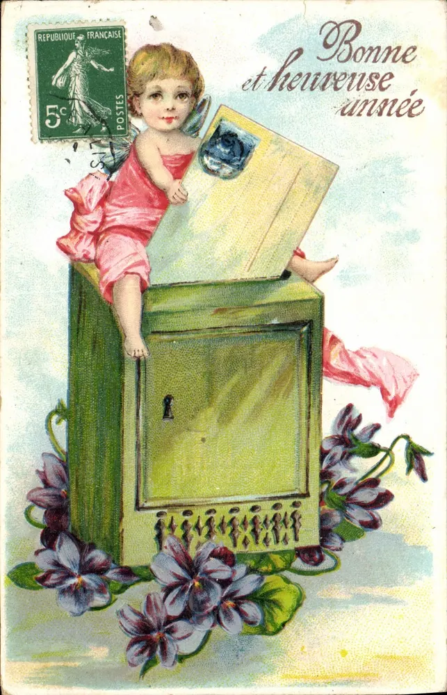 Flügelmädchen auf Briefkasten — Frohe Weihnachten — Französische Republik, 5c - Vorderseite