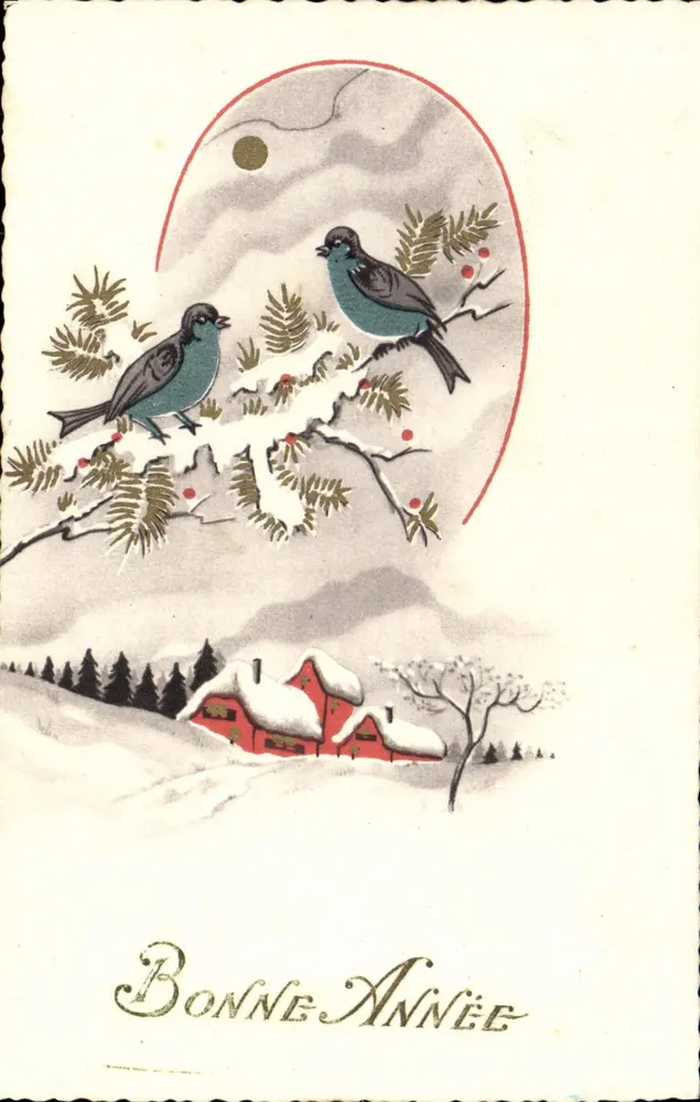 Zwei Vögel auf schneebedeckter Ast — Winterlandschaft mit rotem Haus — Text 'Gute neue Jahr' — Verlag Graphil, Nr. 5005 - Vorderseite