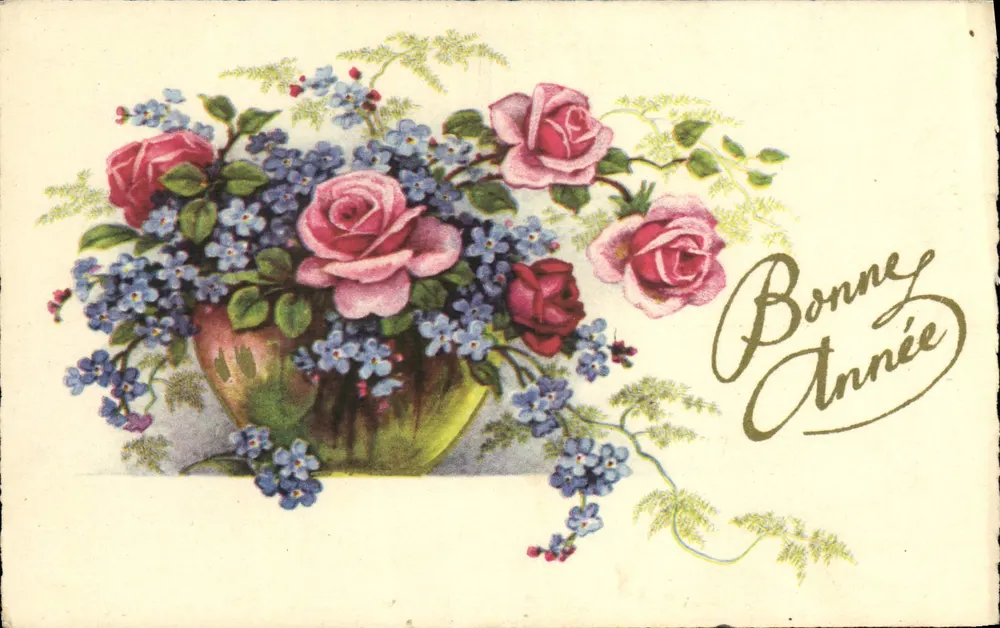 Arranjo de rosas e flores azuis — Boa Ano — Impressora M. P. Paris - Frente