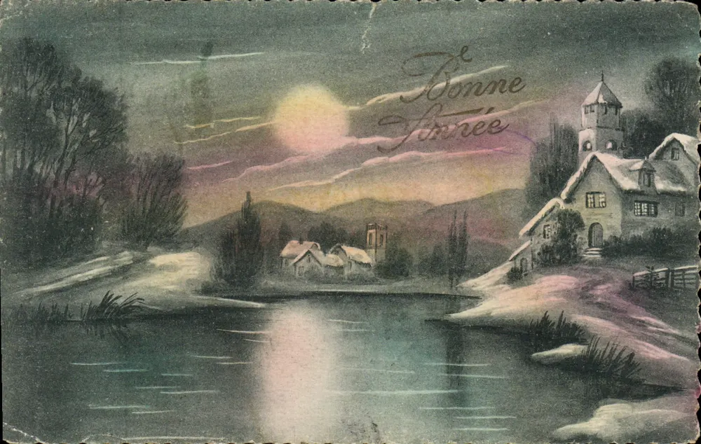 Paysage hivernal — village au bord d'un lac avec église — éditeur M.G.A. (verso) - Vorderseite