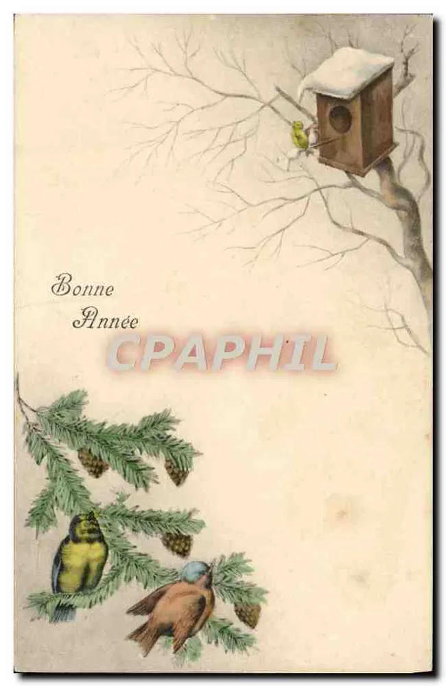 Guten Jahresbeginn — schneedeckter Vogelkasten und Vögel — H. H. i. W. Nr. 937 - Vorderseite