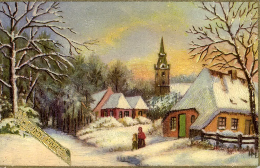Schneeviertel — Winterlandschaft mit Kirche und Einwohnern — Verlag H.M. (H. M. ?) — Seriennummer nicht sichtbar - Vorderseite