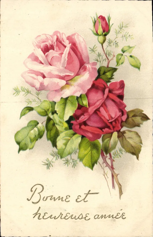 Arranjo de rosas — Boa e feliz ano — Editor EMKA, n° 7937/99 - Frente