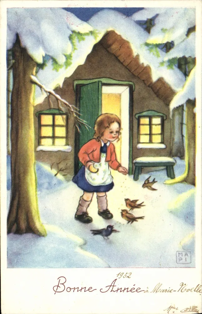 Mädchen, das im Winter Vögel füttert — 1952 — MAPI n°7937/99 - Vorderseite