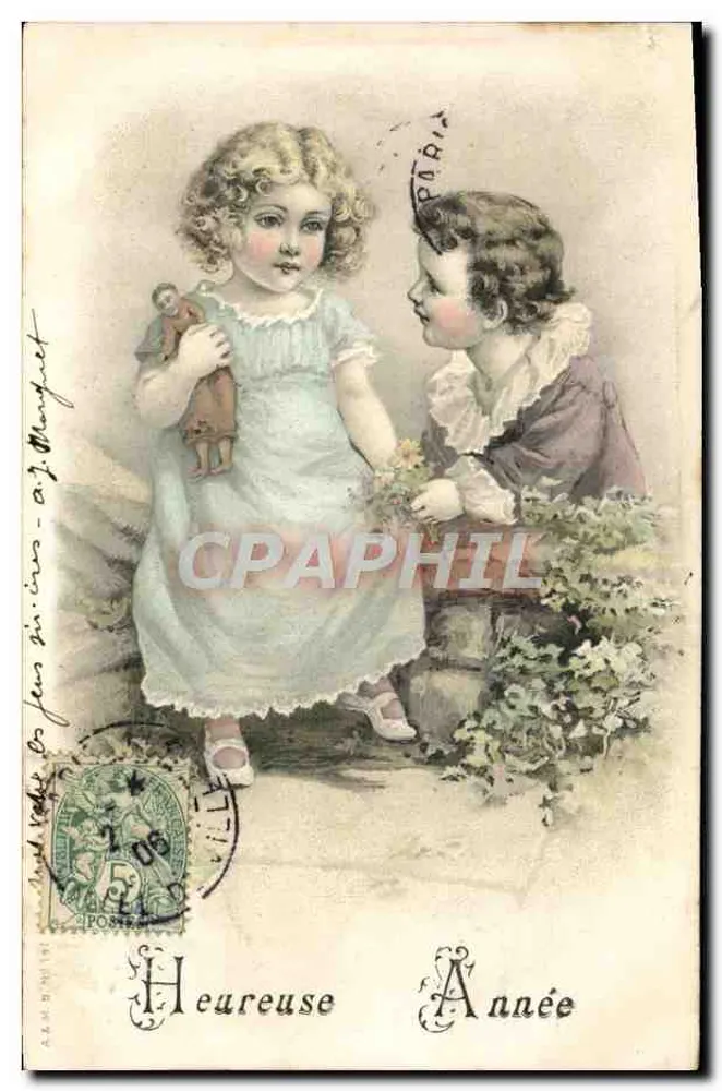 Zwei Kinder spielen — 'Glückliches Neues Jahr' — A. & M. Marguet, Nr. 206 - Vorderseite