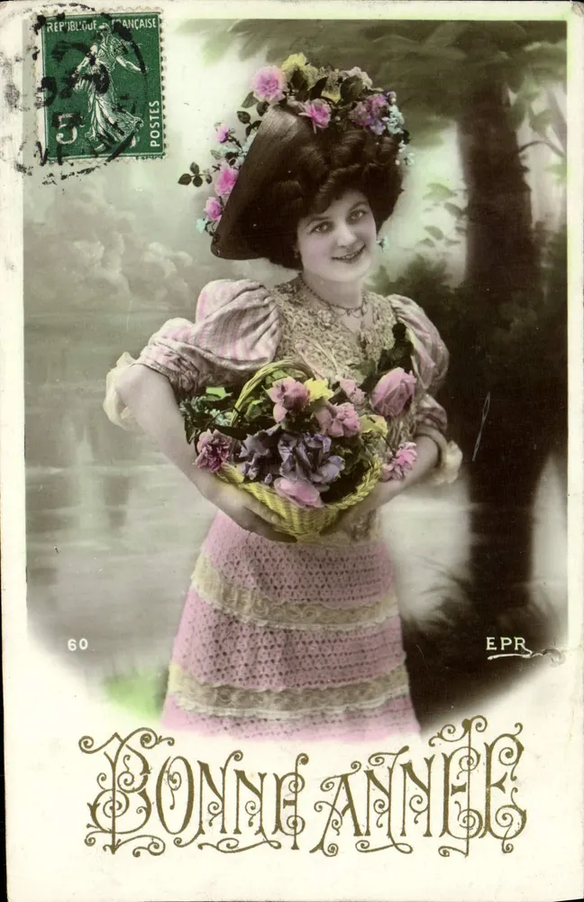 Frau in rosa Kleid mit Blumenkorb — Frohes Neues Jahr — EPR - Vorderseite
