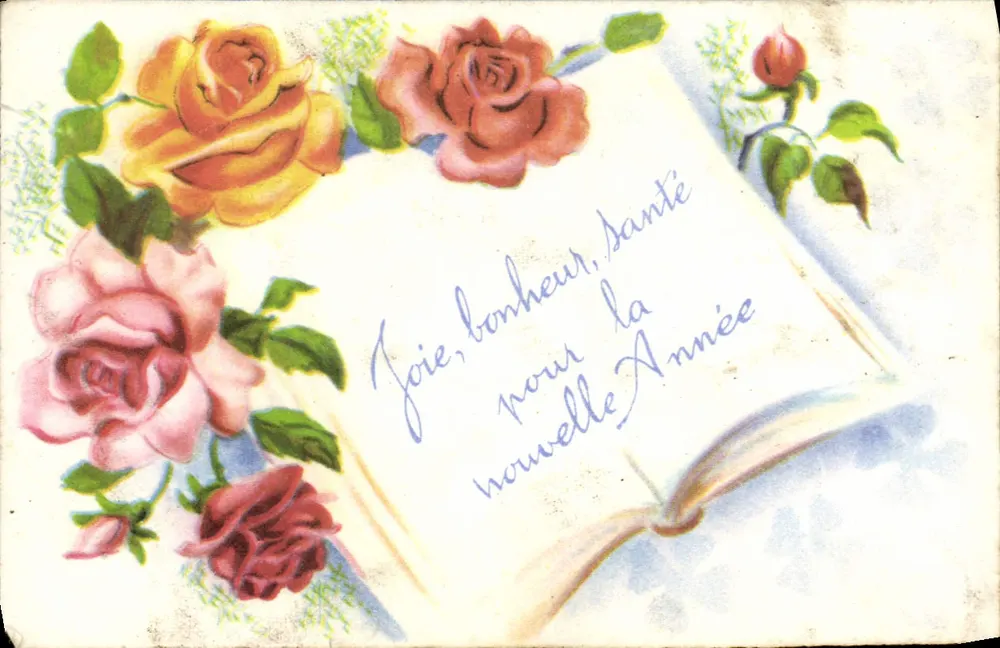 Rosas e livro — Alegria, felicidade, saúde para o novo Ano — carta de boas-vindas - Frente