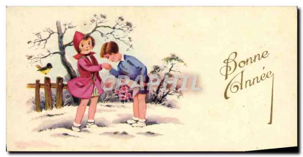 Kinder, die im Schnee spielen — Frohe Neujahr — Grußkarte - Vorderseite