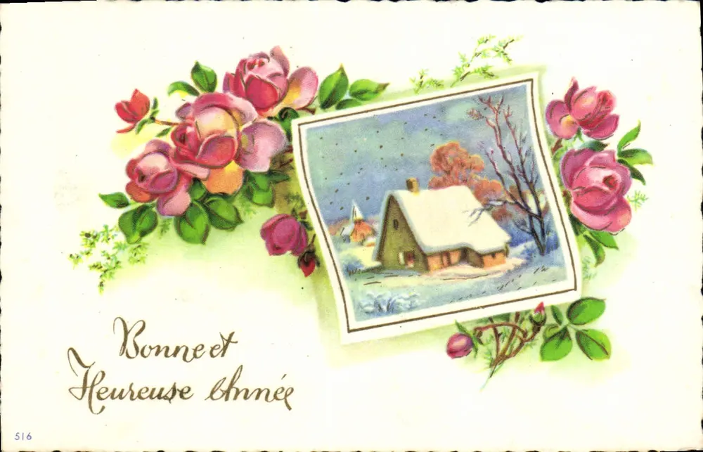 Weihnachtskarte mit Illustration eines schneeverdeckten Hauses — unbekannter Verlag, Nr. 516 - Vorderseite
