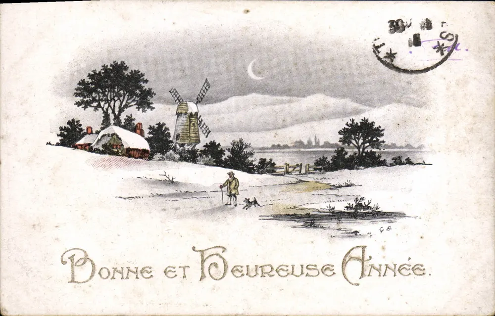 Winterlandschaft mit Windmühle — Frohe und Glückliche Jahreszeit — Verlag 'Artistic' n°2232 - Vorderseite
