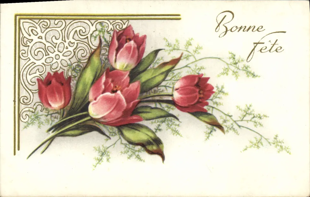 Arranjo de tulipas — Boa festa — M. D. Paris, série 1.200 - Frente