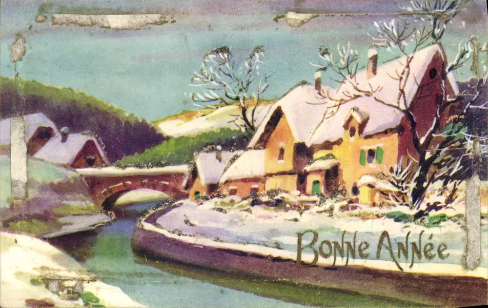 Schneeviertel — Winteransicht mit Brücke — Text 'Bonne Année' — unbekannter Verleger - Vorderseite