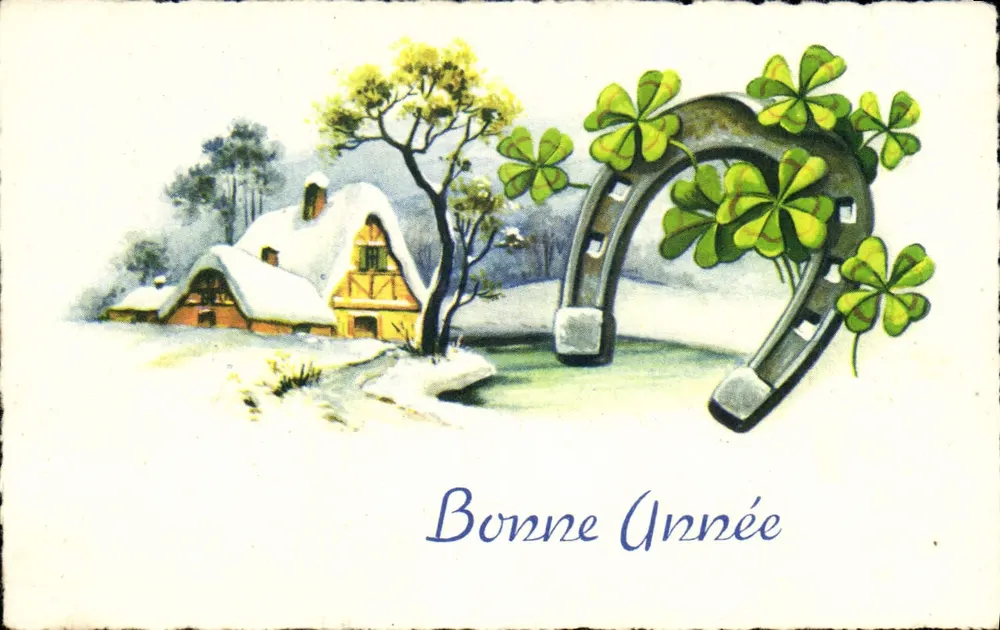 Winterlandschaft mit Steigbügel und Klee — Frohe Weihnachten — In Frankreich gedruckt M.D. PARIS Serie Nr. 252 - Vorderseite