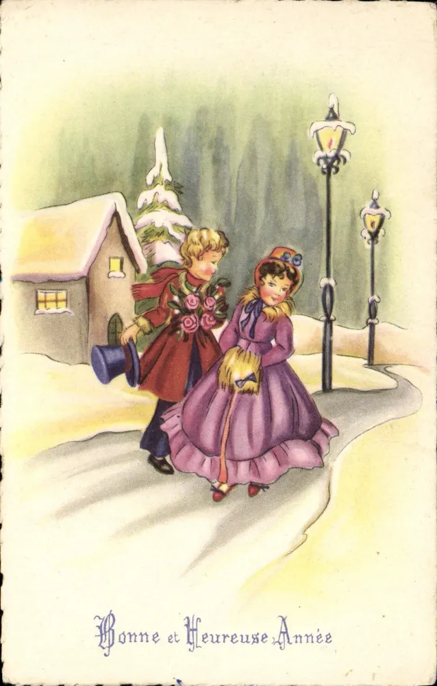 Zwei Kinder in einer winterlichen Landschaft — Frohe Neujahr — Serie 456 - Vorderseite