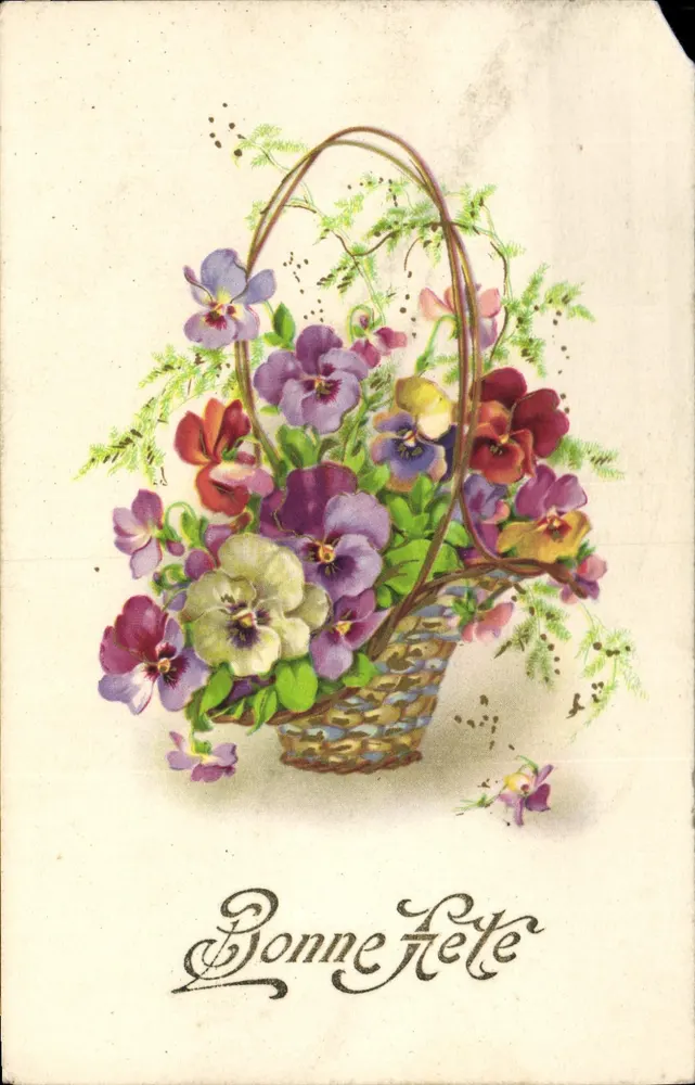 Bouquet de pensées dans un panier — éditeur R. HAMEL, Paris - Awers