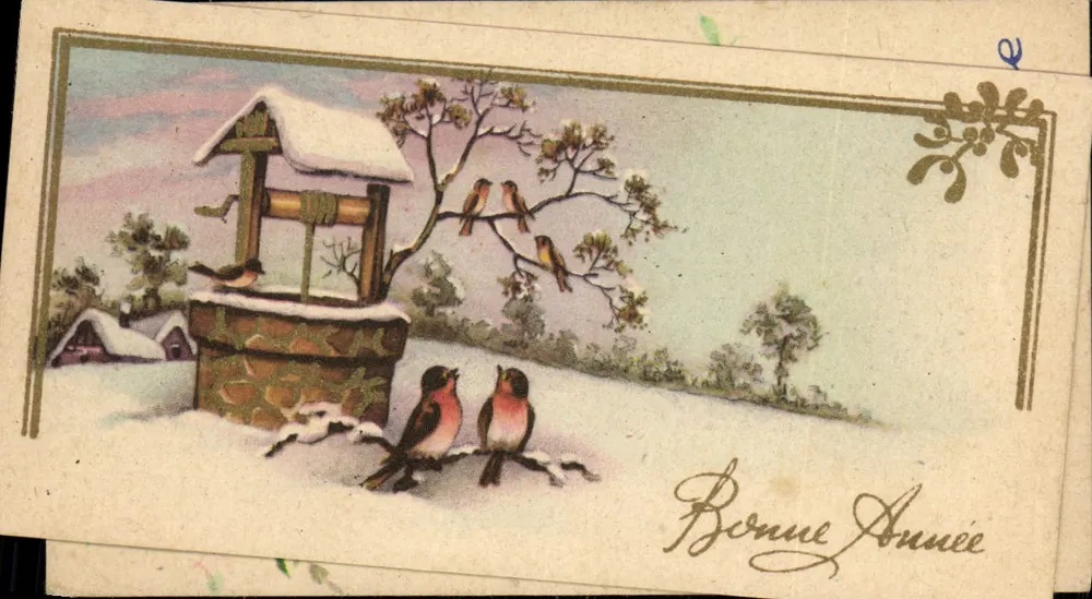 Winterlandschaft mit Brunnen — Frohe Weihnachten — unbekannter Verlag - Vorderseite