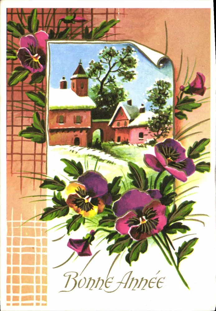 Vila nevada — cartão de boas-vindas com flores de pensamento — Série N° 5064 - Frente