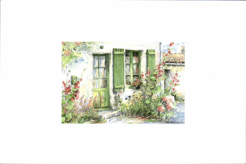 Janela e porta verde com hortênsias — ilustração — Aquarella, M 552 - Frente