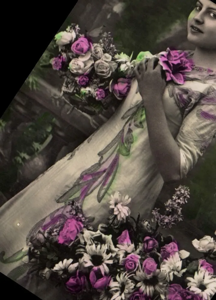 Frau in blühendem Kleid mit Blumenstrauß — Antike Ansichtskarte farbig — Levalllois & Cardine - Vorderseite