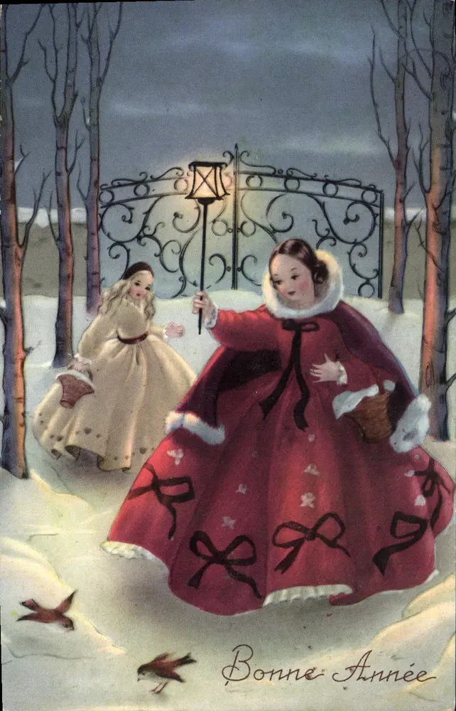 Zwei junge Mädchen in Winterkleidern in einem schneereichen Landschaft — Frohe Weihnachten — Verlag nicht sichtbar - Vorderseite