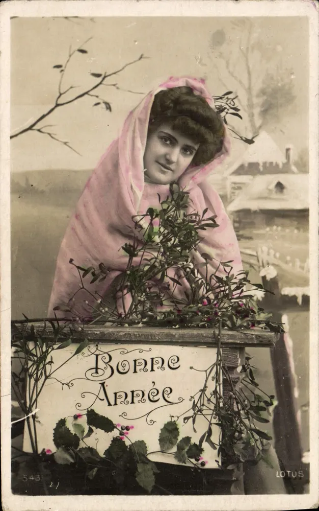 Frau in rosa Schal mit Jungeblütenstrauß — Frohe Weihnachten — LOTUS n°543 - Vorderseite