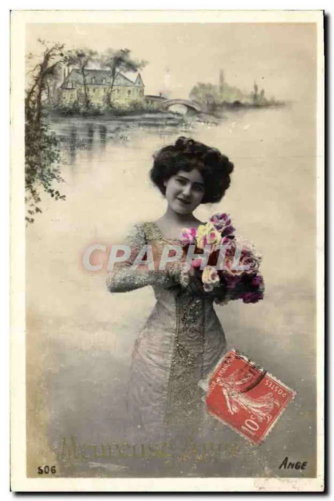 Junge Frau mit Blumenbouquet — Flusslandschaft mit Haus und Brücke — Verlag Ange, Nr. 506 - Vorderseite
