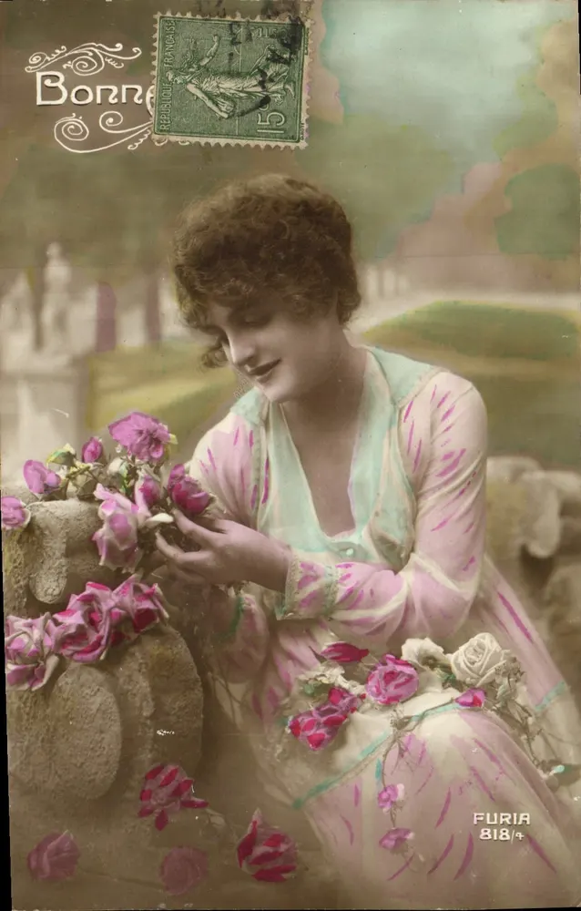 Frau mit Rosen — Garten-Szene — Verlag Borre, Nr. 818/4 - Vorderseite